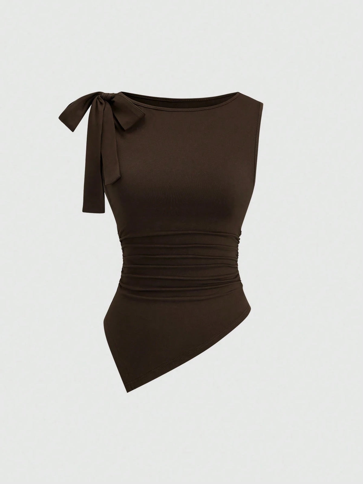 Sweetra Elegant,Dark Brown Summer Camisole Top For Dinner Date,Vintage Sleeveless Round Neck Bow Tie Waist Ruched Asymmetric Hem Socialite Minimalist Top