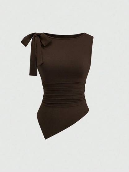 Sweetra Elegant,Dark Brown Summer Camisole Top For Dinner Date,Vintage Sleeveless Round Neck Bow Tie Waist Ruched Asymmetric Hem Socialite Minimalist Top