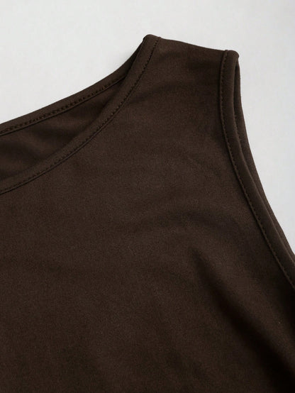 Sweetra Elegant,Dark Brown Summer Camisole Top For Dinner Date,Vintage Sleeveless Round Neck Bow Tie Waist Ruched Asymmetric Hem Socialite Minimalist Top