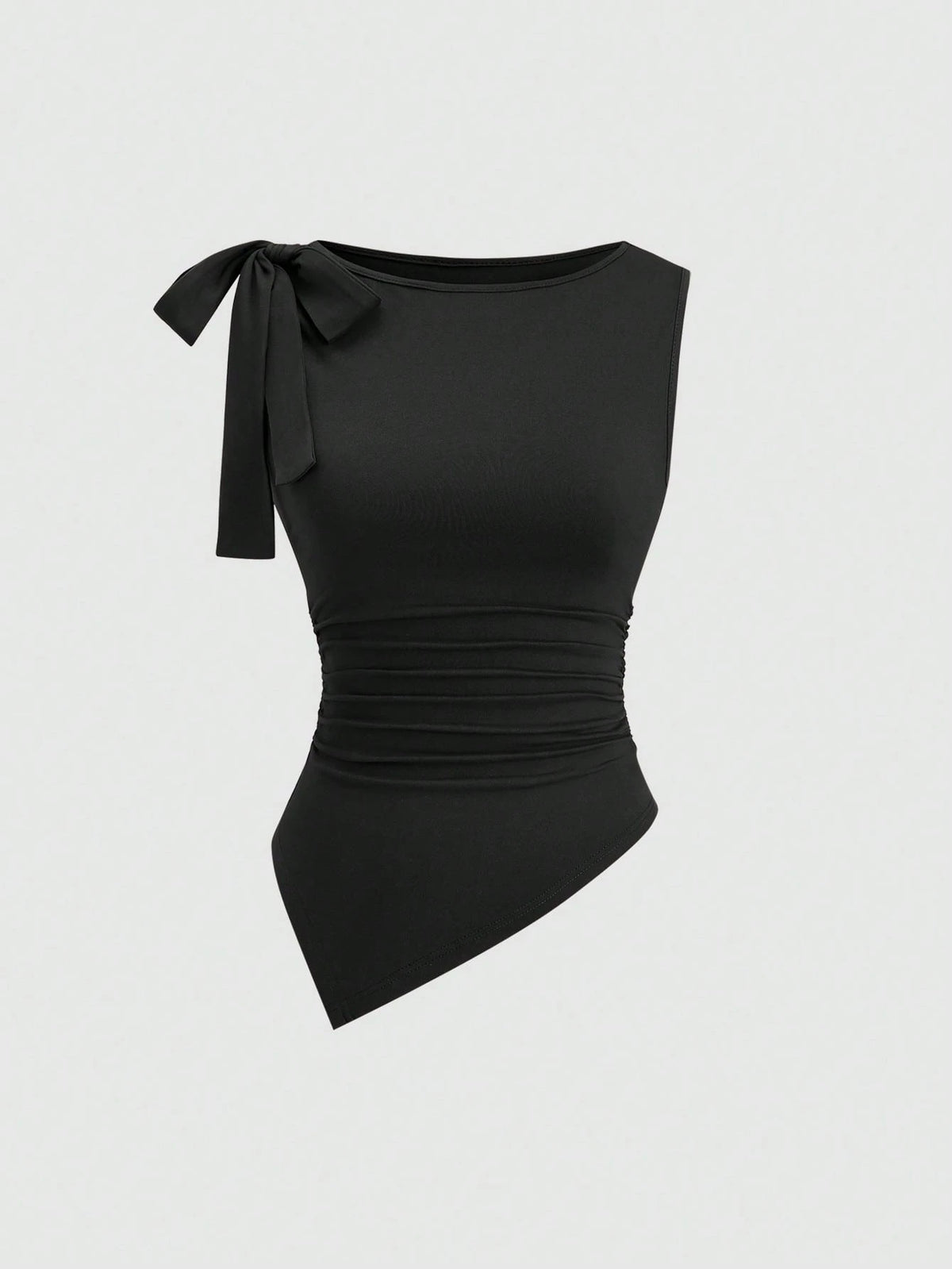 Sweetra Elegant,Dark Brown Summer Camisole Top For Dinner Date,Vintage Sleeveless Round Neck Bow Tie Waist Ruched Asymmetric Hem Socialite Minimalist Top