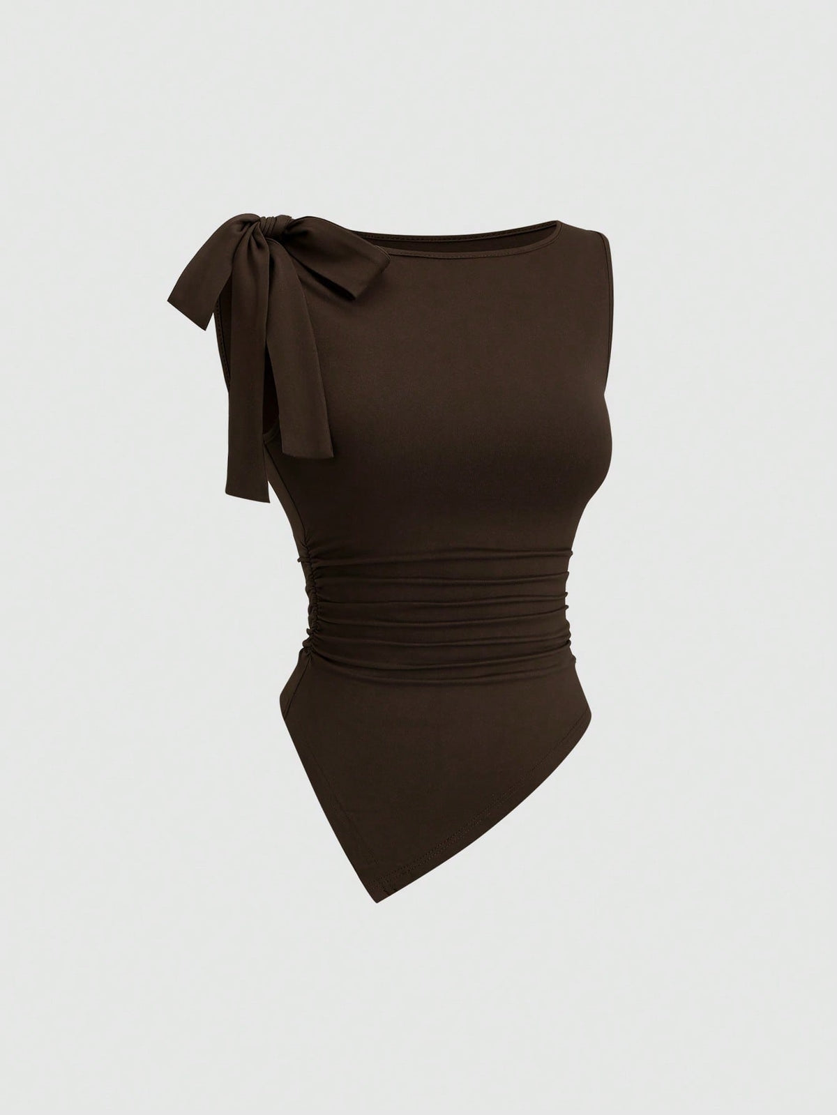 Sweetra Elegant,Dark Brown Summer Camisole Top For Dinner Date,Vintage Sleeveless Round Neck Bow Tie Waist Ruched Asymmetric Hem Socialite Minimalist Top
