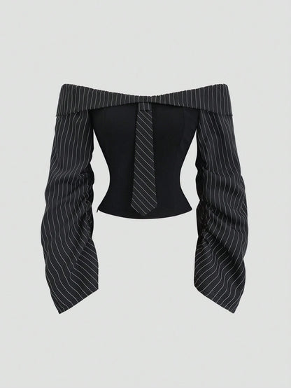 Sweetra Gothic Inspired Asymmetric Ruffle Trim Off-Shoulder Long Sleeve Sexy Slim Fit Party Blouse For Women