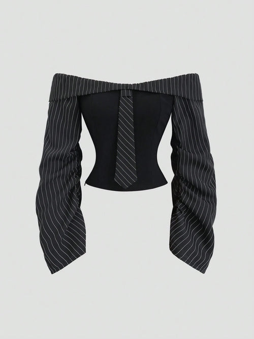 Sweetra Gothic Inspired Asymmetric Ruffle Trim Off-Shoulder Long Sleeve Sexy Slim Fit Party Blouse For Women
