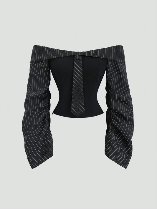 Sweetra Gothic Inspired Asymmetric Ruffle Trim Off-Shoulder Long Sleeve Sexy Slim Fit Party Blouse For Women