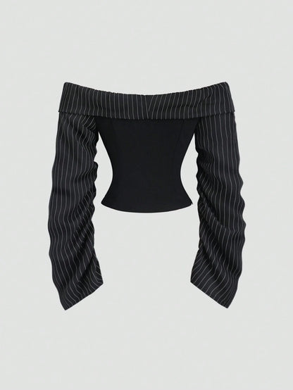 Sweetra Gothic Inspired Asymmetric Ruffle Trim Off-Shoulder Long Sleeve Sexy Slim Fit Party Blouse For Women