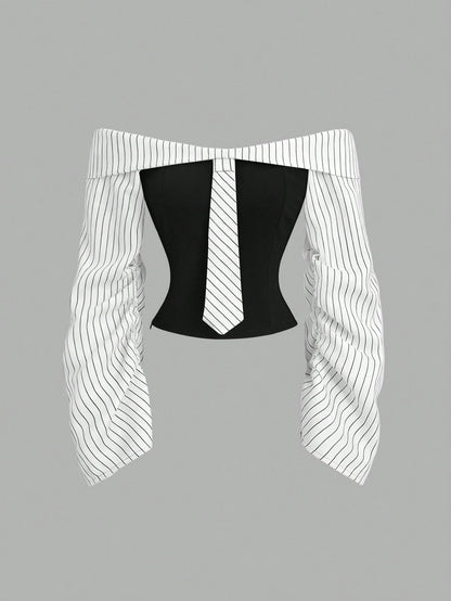 Sweetra Gothic Inspired Asymmetric Ruffle Trim Off-Shoulder Long Sleeve Sexy Slim Fit Party Blouse For Women