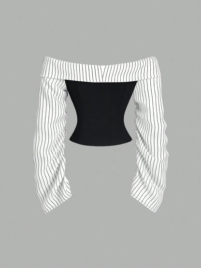 Sweetra Gothic Inspired Asymmetric Ruffle Trim Off-Shoulder Long Sleeve Sexy Slim Fit Party Blouse For Women