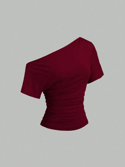 Sweetra New Spring/Summer Women's Stylish High Street Chic Asymmetric Shoulder Slim Fit Sporty Versatile Comfortable Casual T-Shirt