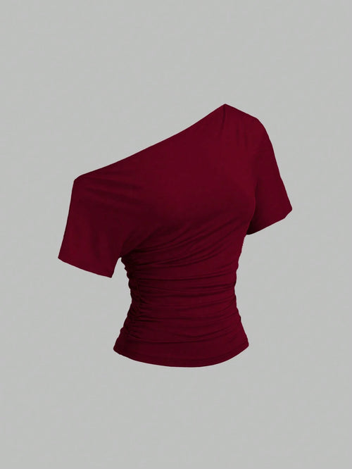 Sweetra New Spring/Summer Women's Stylish High Street Chic Asymmetric Shoulder Slim Fit Sporty Versatile Comfortable Casual T-Shirt