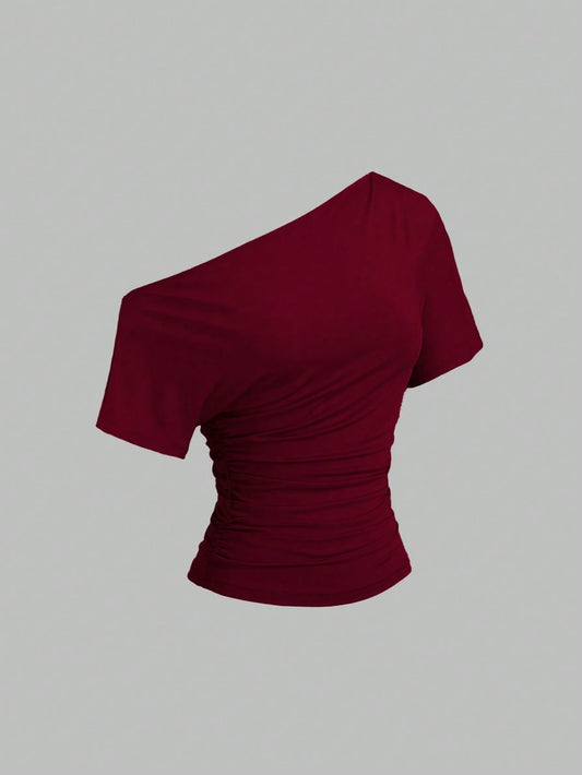 Sweetra New Spring/Summer Women's Stylish High Street Chic Asymmetric Shoulder Slim Fit Sporty Versatile Comfortable Casual T-Shirt