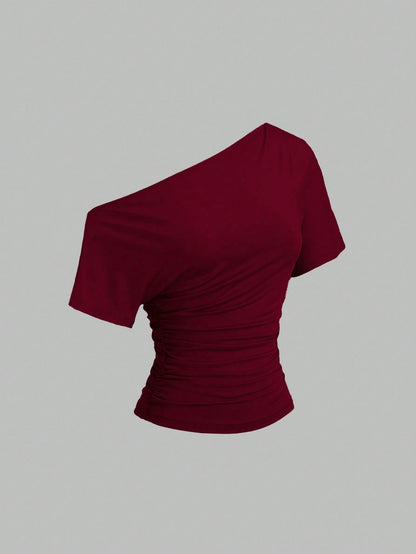 Sweetra New Spring/Summer Women's Stylish High Street Chic Asymmetric Shoulder Slim Fit Sporty Versatile Comfortable Casual T-Shirt