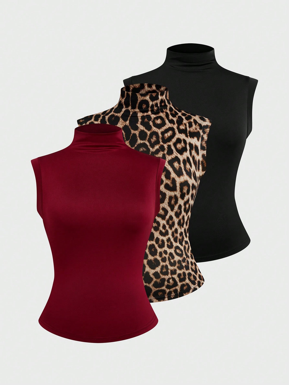 Sweetra Plus Size Camisole 3 Pieces Set, Mock Neck 3 Pieces Set, Multi-Color 3 Pieces Set