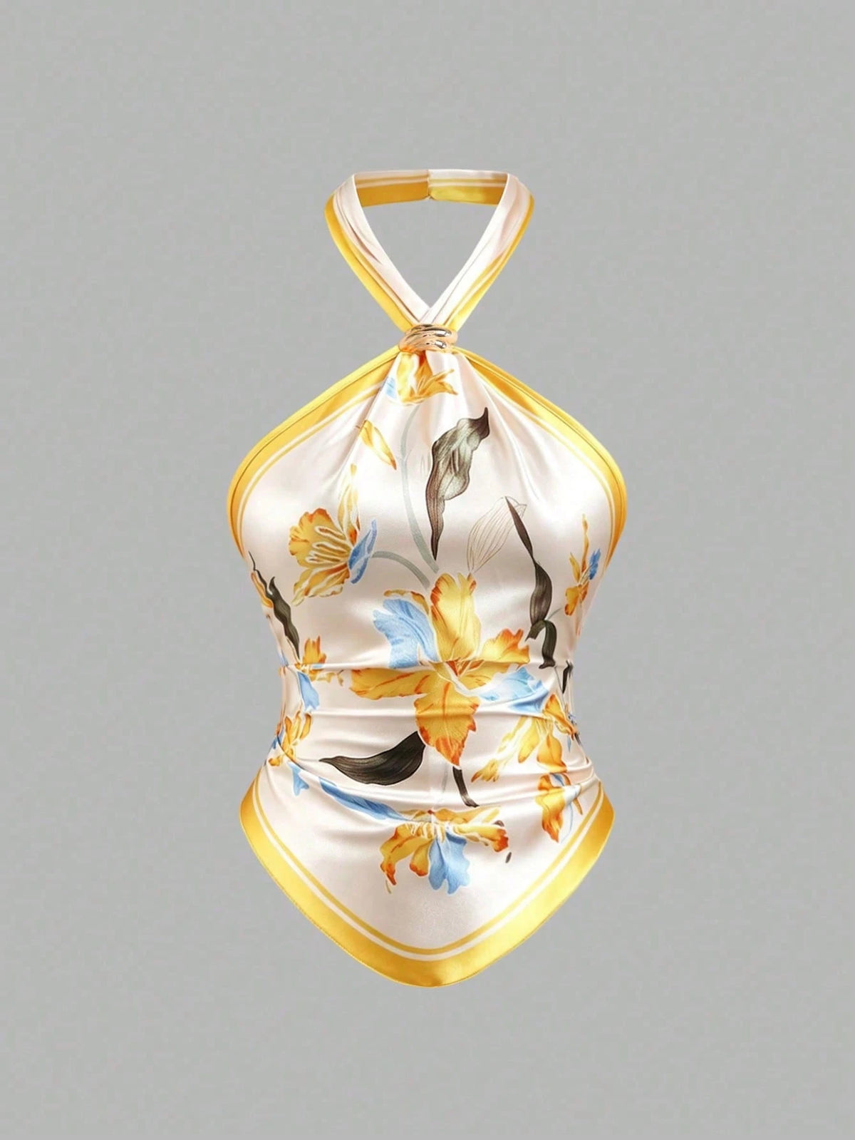 Sweetra Spring/Summer Fashion New French Vintage Satin Printed Spaghetti Strap Camisole With Metal Buckle Decor, Asymmetrical Hem, Backless Tie-Up Yellow Blouse For Women