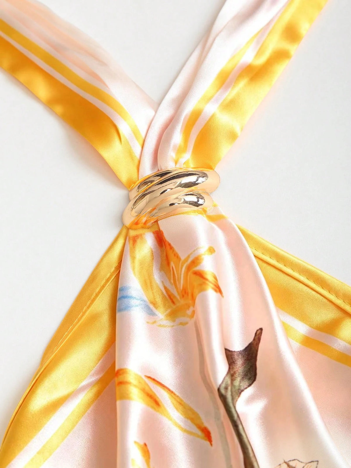 Sweetra Spring/Summer Fashion New French Vintage Satin Printed Spaghetti Strap Camisole With Metal Buckle Decor, Asymmetrical Hem, Backless Tie-Up Yellow Blouse For Women