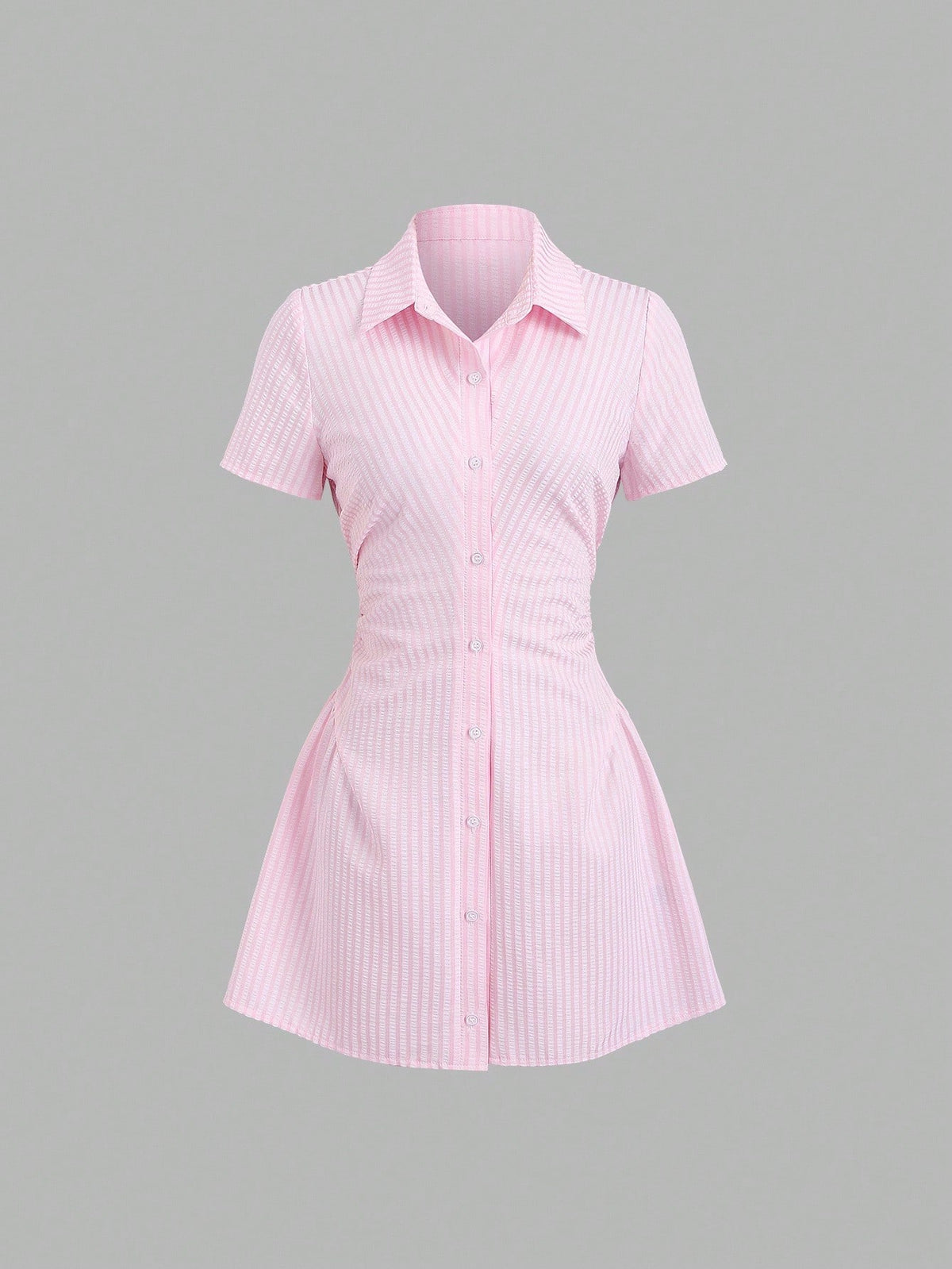 Sweetra Sweet & Fresh Pink Short Sleeve Shirt Dress, Slimming Waist Design, Elegant Lady Shirtdress, Summer New Arrival