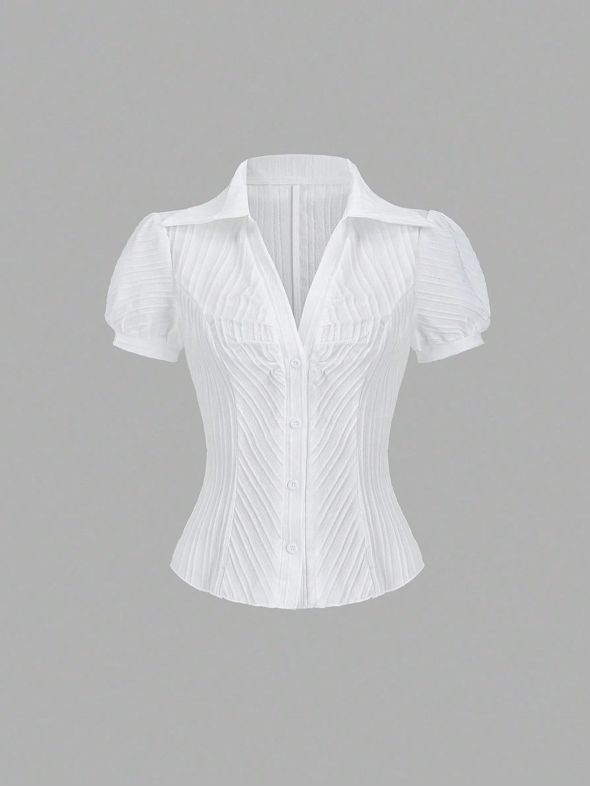 Sweetra Women's Elegant V-Neck Single-Breasted White Striped Short Sleeve Blouse, Spring/Summer