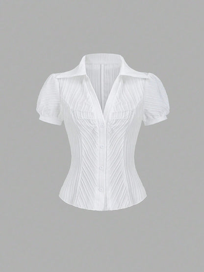 Sweetra Women's Elegant V-Neck Single-Breasted White Striped Short Sleeve Blouse, Spring/Summer