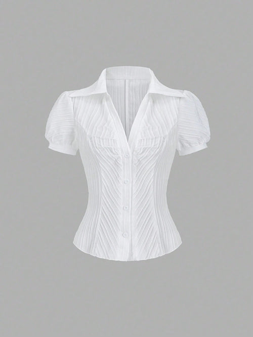 Sweetra Women's Elegant V-Neck Single-Breasted White Striped Short Sleeve Blouse, Spring/Summer