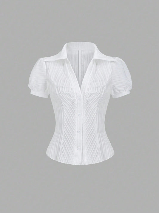 Sweetra Women's Elegant V-Neck Single-Breasted White Striped Short Sleeve Blouse, Spring/Summer