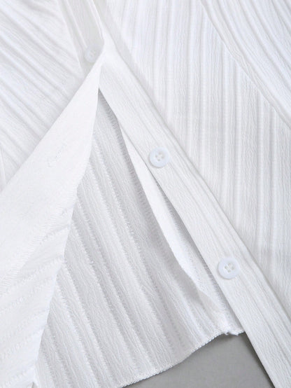 Sweetra Women's Elegant V-Neck Single-Breasted White Striped Short Sleeve Blouse, Spring/Summer