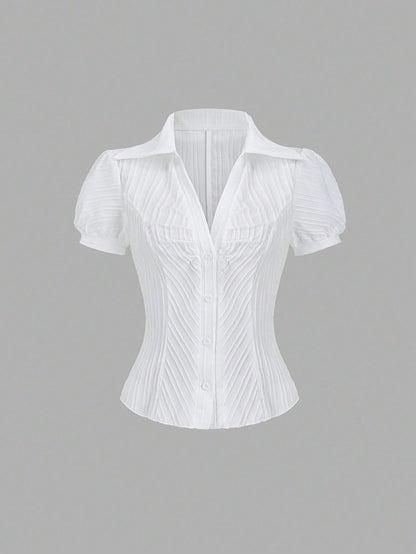 Sweetra Women's Elegant V-Neck Single-Breasted White Striped Short Sleeve Blouse, Spring/Summer