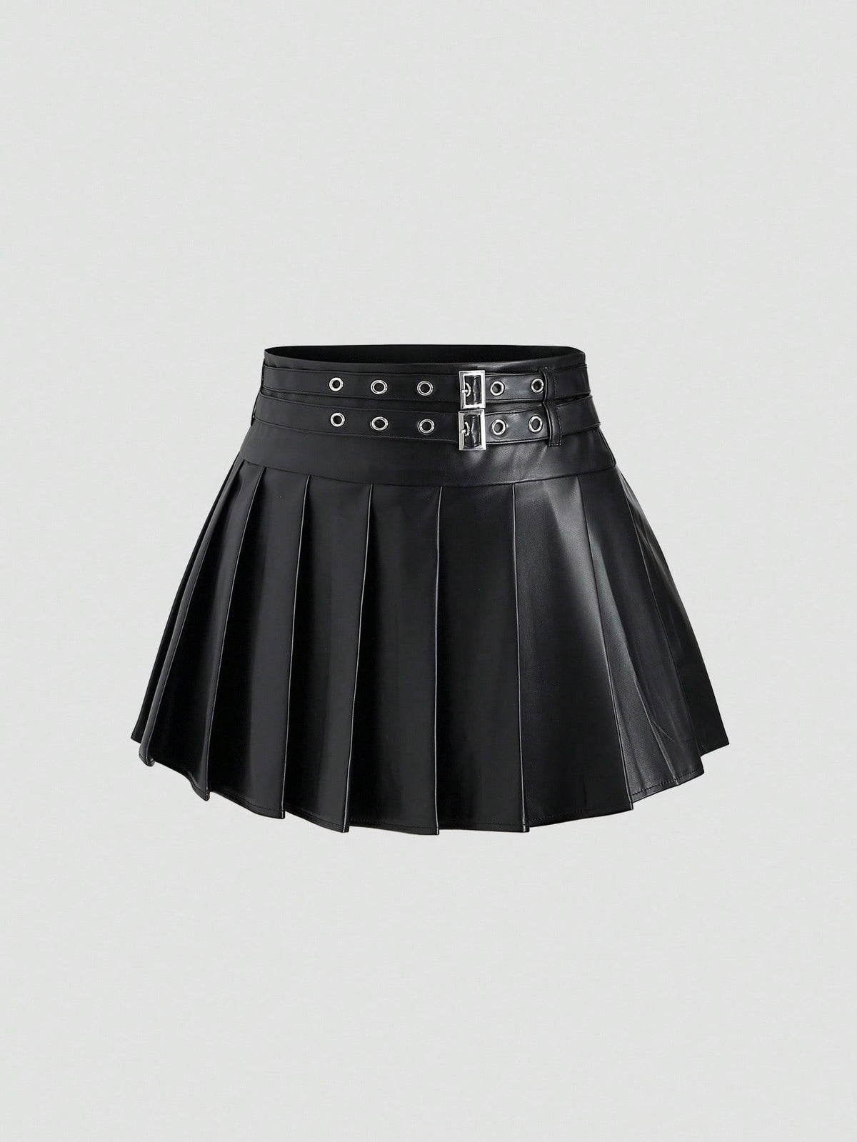 Sweetra Women's Elegant Vintage Sexy Vibe PU Leather Double Waistband Pleated A-Line Super Skirt, Autumn