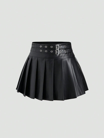 Sweetra Women's Elegant Vintage Sexy Vibe PU Leather Double Waistband Pleated A-Line Super Skirt, Autumn