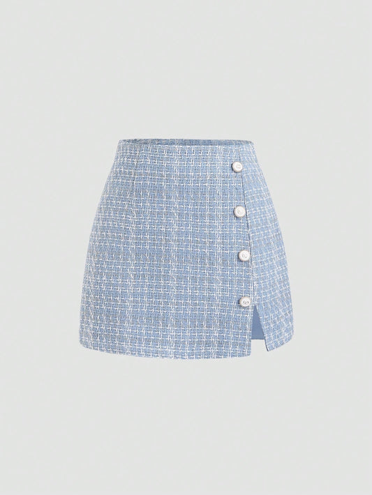 Sweetra Women's Fashion Versatile Pink Tweed High Waist A-Line Mini Skirt With Decorative Buttons