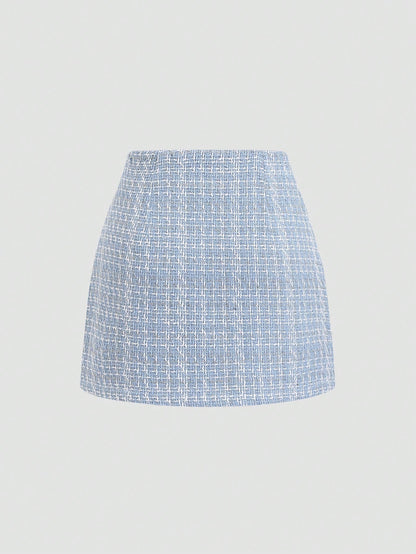 Sweetra Women's Fashion Versatile Pink Tweed High Waist A-Line Mini Skirt With Decorative Buttons