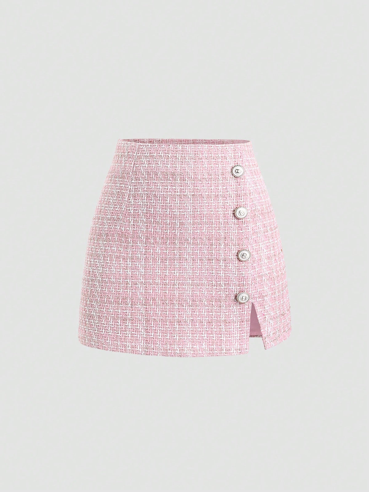 Sweetra Women's Fashion Versatile Pink Tweed High Waist A-Line Mini Skirt With Decorative Buttons