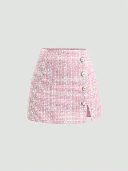 Sweetra Women's Fashion Versatile Pink Tweed High Waist A-Line Mini Skirt With Decorative Buttons