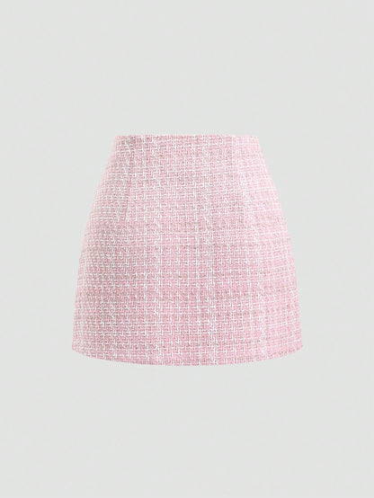 Sweetra Women's Fashion Versatile Pink Tweed High Waist A-Line Mini Skirt With Decorative Buttons