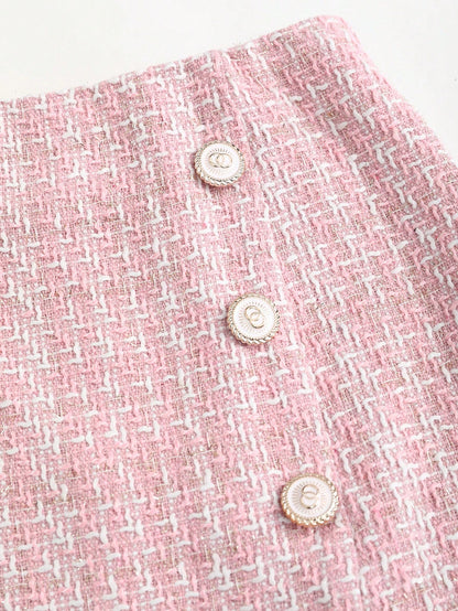 Sweetra Women's Fashion Versatile Pink Tweed High Waist A-Line Mini Skirt With Decorative Buttons
