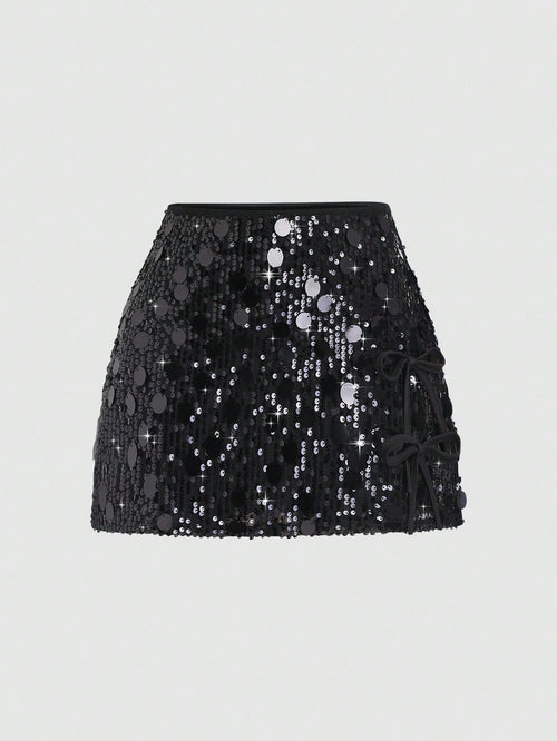 Sweetra Women's Fashionable Two-Tone Sequin Embellished Elegant Skirt