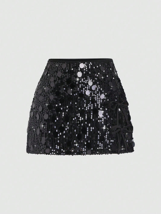 Sweetra Women's Fashionable Two-Tone Sequin Embellished Elegant Skirt