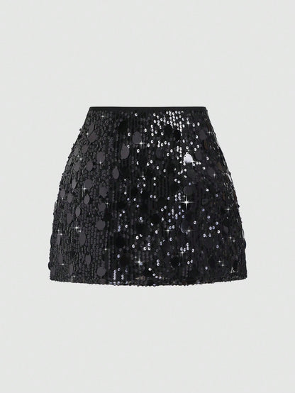 Sweetra Women's Fashionable Two-Tone Sequin Embellished Elegant Skirt