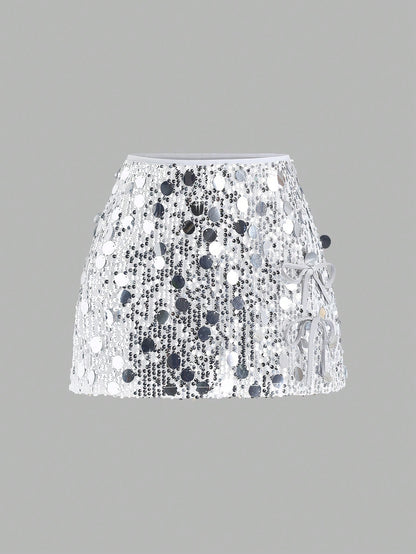 Sweetra Women's Fashionable Two-Tone Sequin Embellished Elegant Skirt