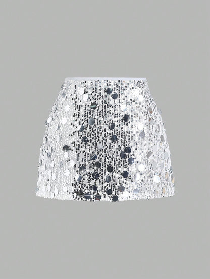 Sweetra Women's Fashionable Two-Tone Sequin Embellished Elegant Skirt