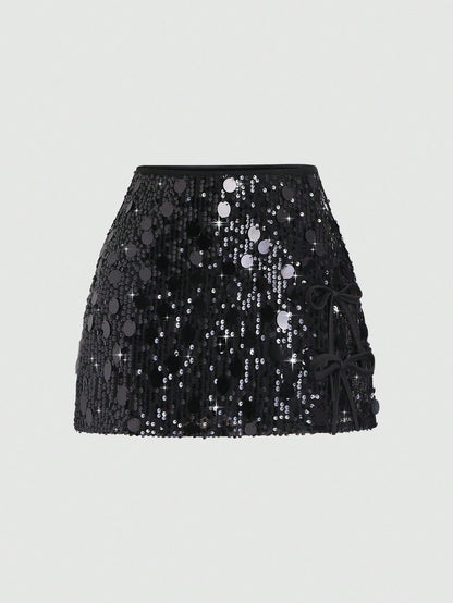 Sweetra Women's Fashionable Two-Tone Sequin Embellished Elegant Skirt