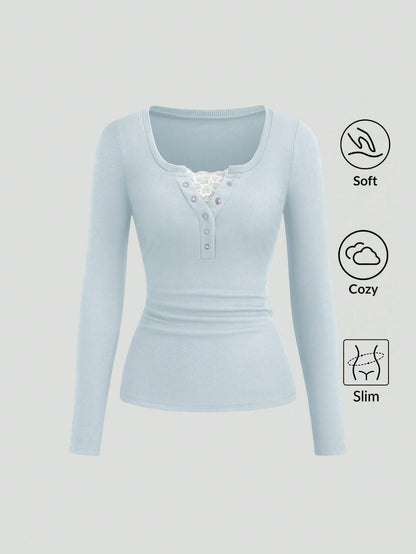 Sweetra Women's Lace Trim Mock Neck Long Sleeve Solid Color T-Shirt, Autumn