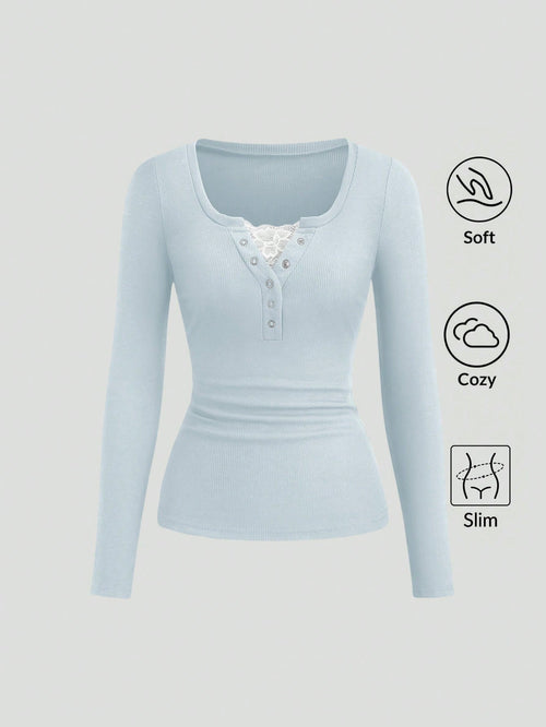 Sweetra Women's Lace Trim Mock Neck Long Sleeve Solid Color T-Shirt, Autumn