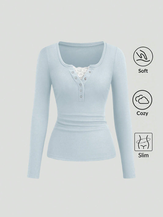 Sweetra Women's Lace Trim Mock Neck Long Sleeve Solid Color T-Shirt, Autumn
