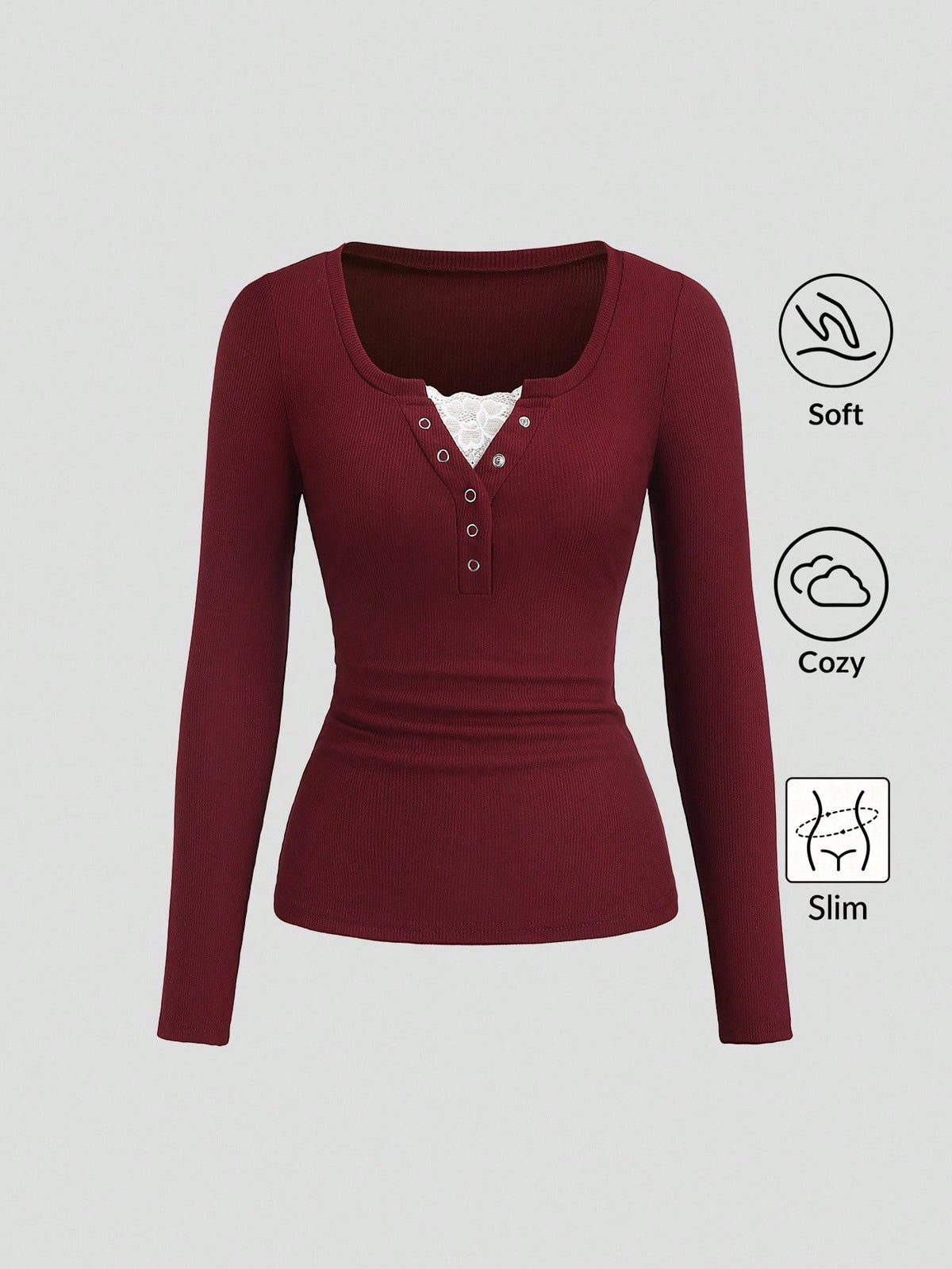 Sweetra Women's Lace Trim Mock Neck Long Sleeve Solid Color T-Shirt, Autumn