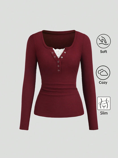 Sweetra Women's Lace Trim Mock Neck Long Sleeve Solid Color T-Shirt, Autumn