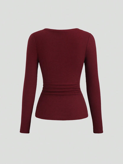 Sweetra Women's Lace Trim Mock Neck Long Sleeve Solid Color T-Shirt, Autumn
