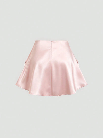 Sweetra Women's Pink Skirt, Satin Fabric, Bow Decor On Both Sides, Umbrella Hem With Zipper Closure