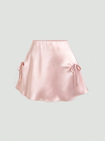 Sweetra Women's Pink Skirt, Satin Fabric, Bow Decor On Both Sides, Umbrella Hem With Zipper Closure