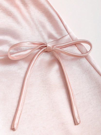 Sweetra Women's Pink Skirt, Satin Fabric, Bow Decor On Both Sides, Umbrella Hem With Zipper Closure