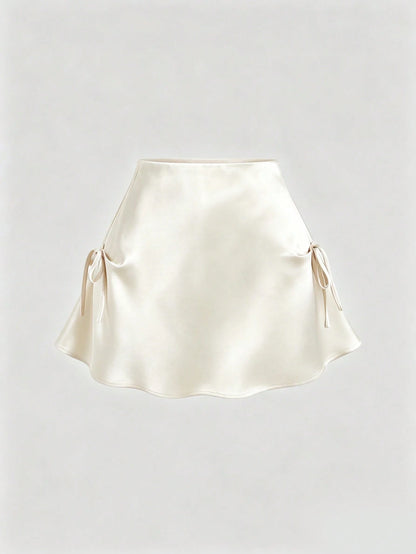 Sweetra Women's Pink Skirt, Satin Fabric, Bow Decor On Both Sides, Umbrella Hem With Zipper Closure