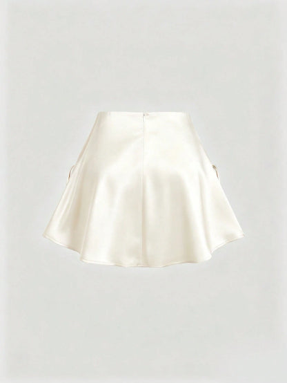 Sweetra Women's Pink Skirt, Satin Fabric, Bow Decor On Both Sides, Umbrella Hem With Zipper Closure